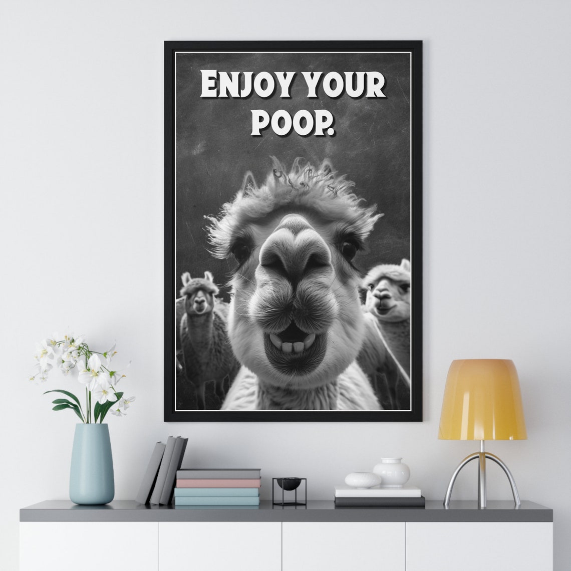 Alpaca Selfie Framed Close-Up Enjoy Your Poop Funny Bathroom Poster - Image 2