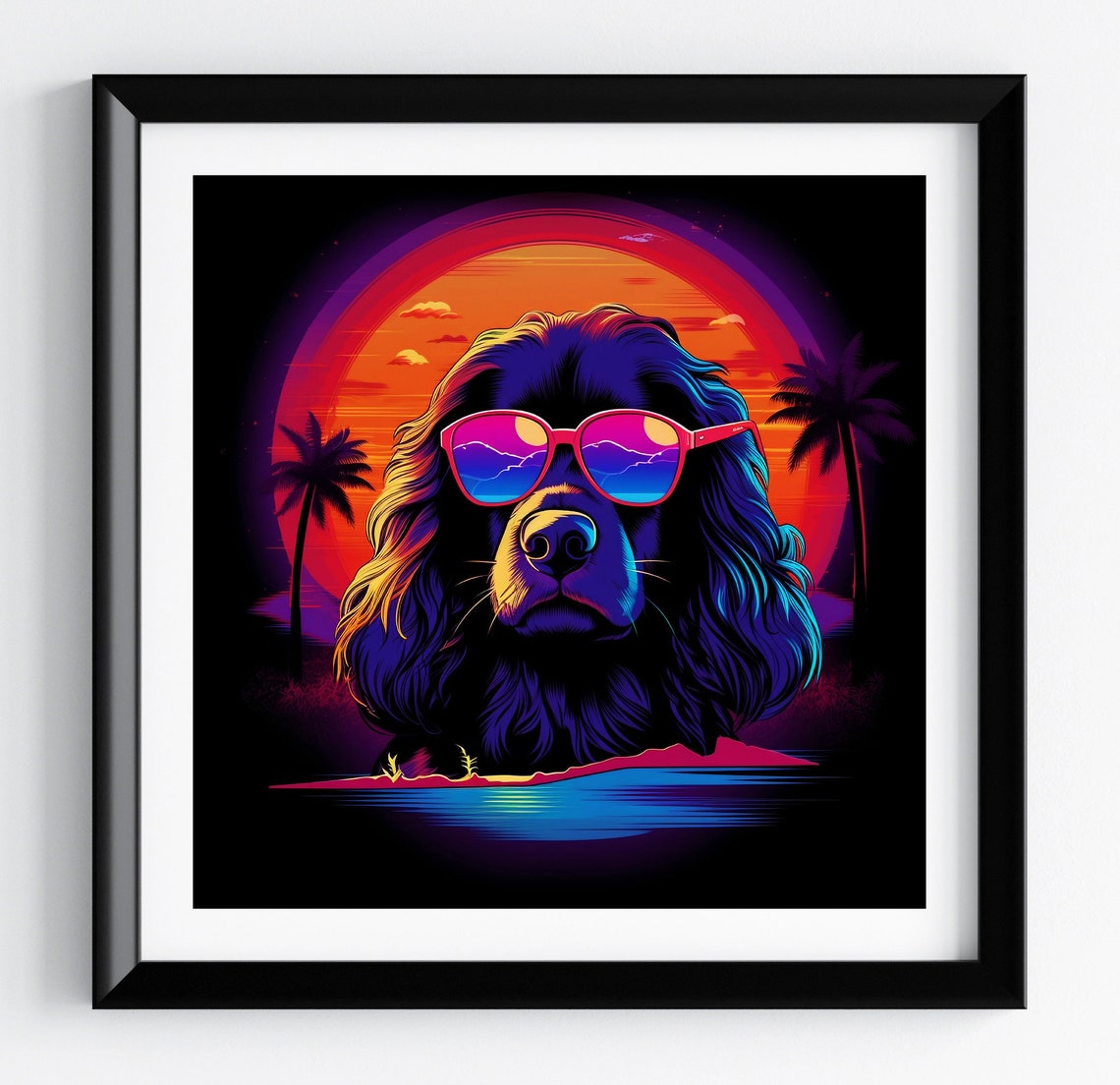 King Charles Spaniel Palm Sunset Neon Retro Dog Portrait Poster