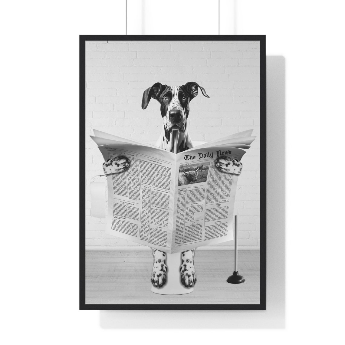 Great Dane Reading Newspaper On Toilet Funny Bathroom Poster