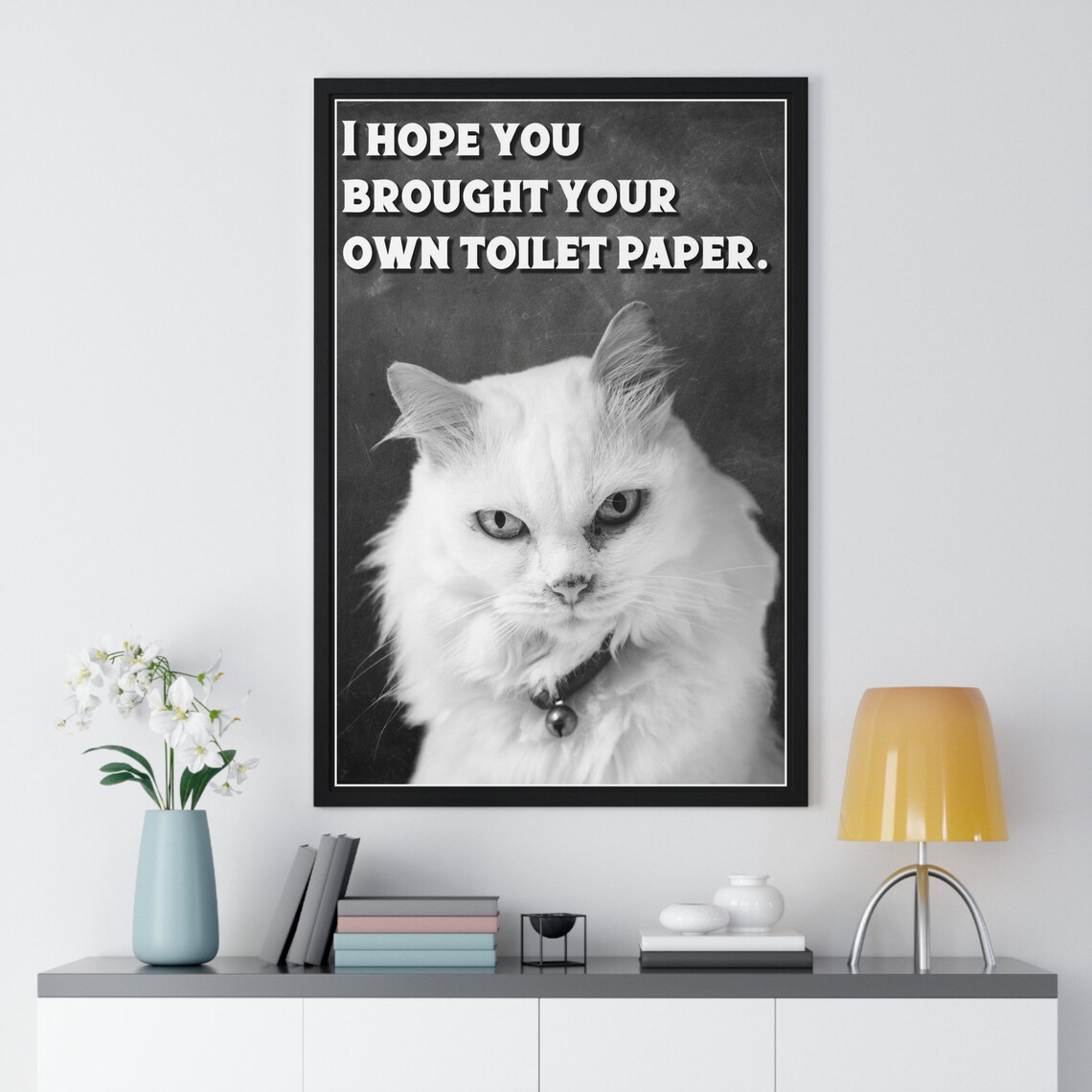White Cat Black and White Brought Your Own Toilet Paper Bathroom Poster - Image 2