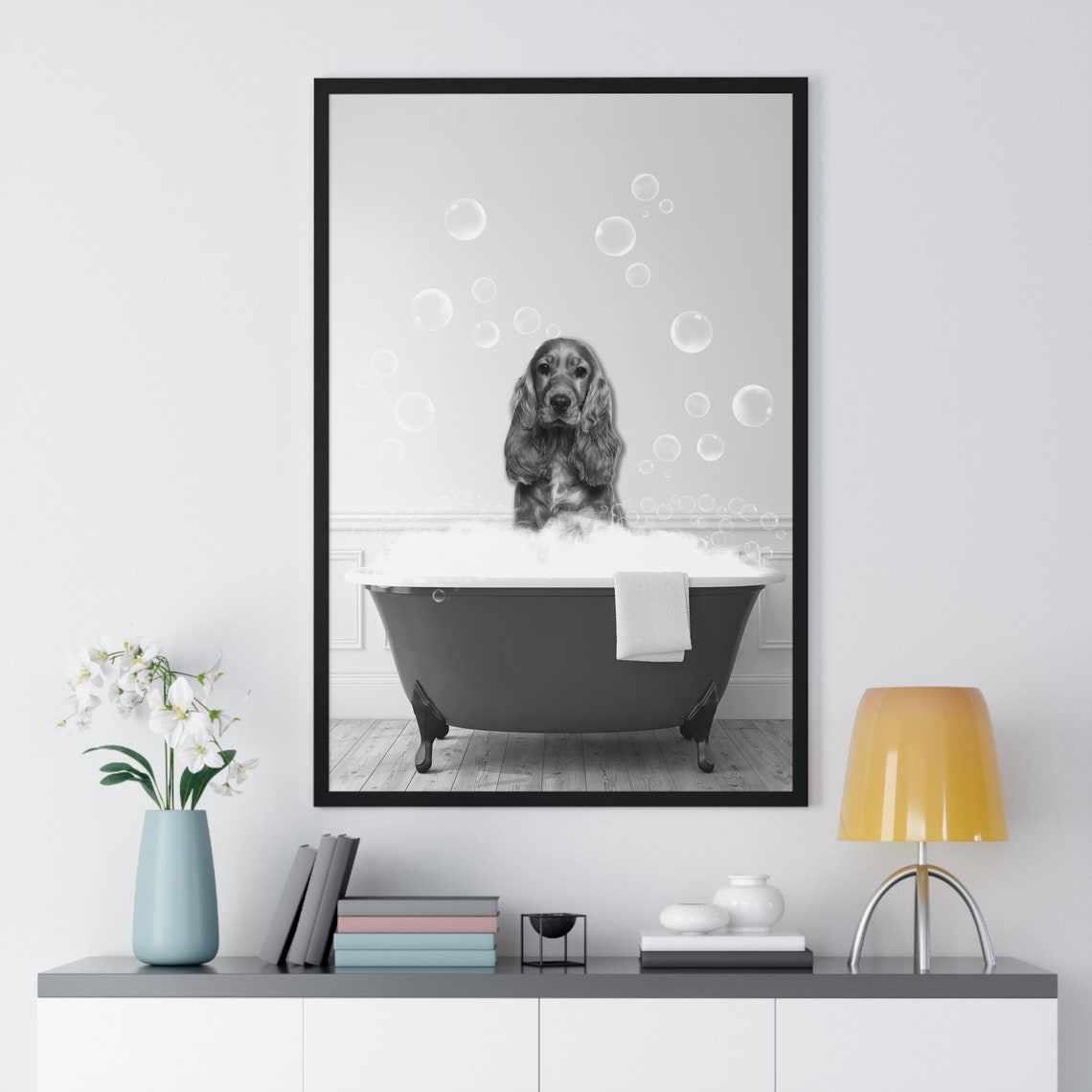 Cocker Spaniel Enjoying a Bubble Bath Black and White Bathroom Poster - Image 2