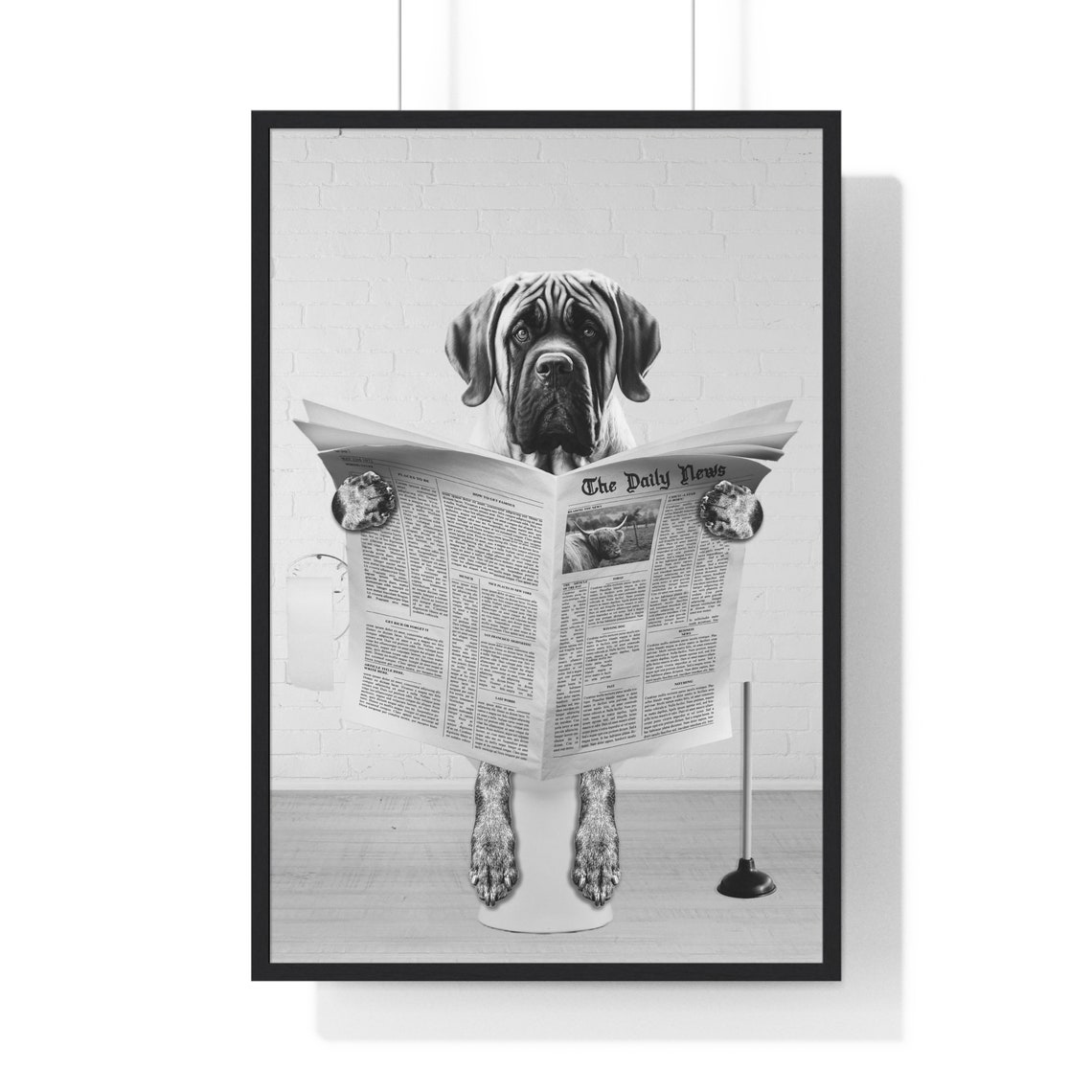 English Mastiff Reading Newspaper While Sitting On Toilet Poster
