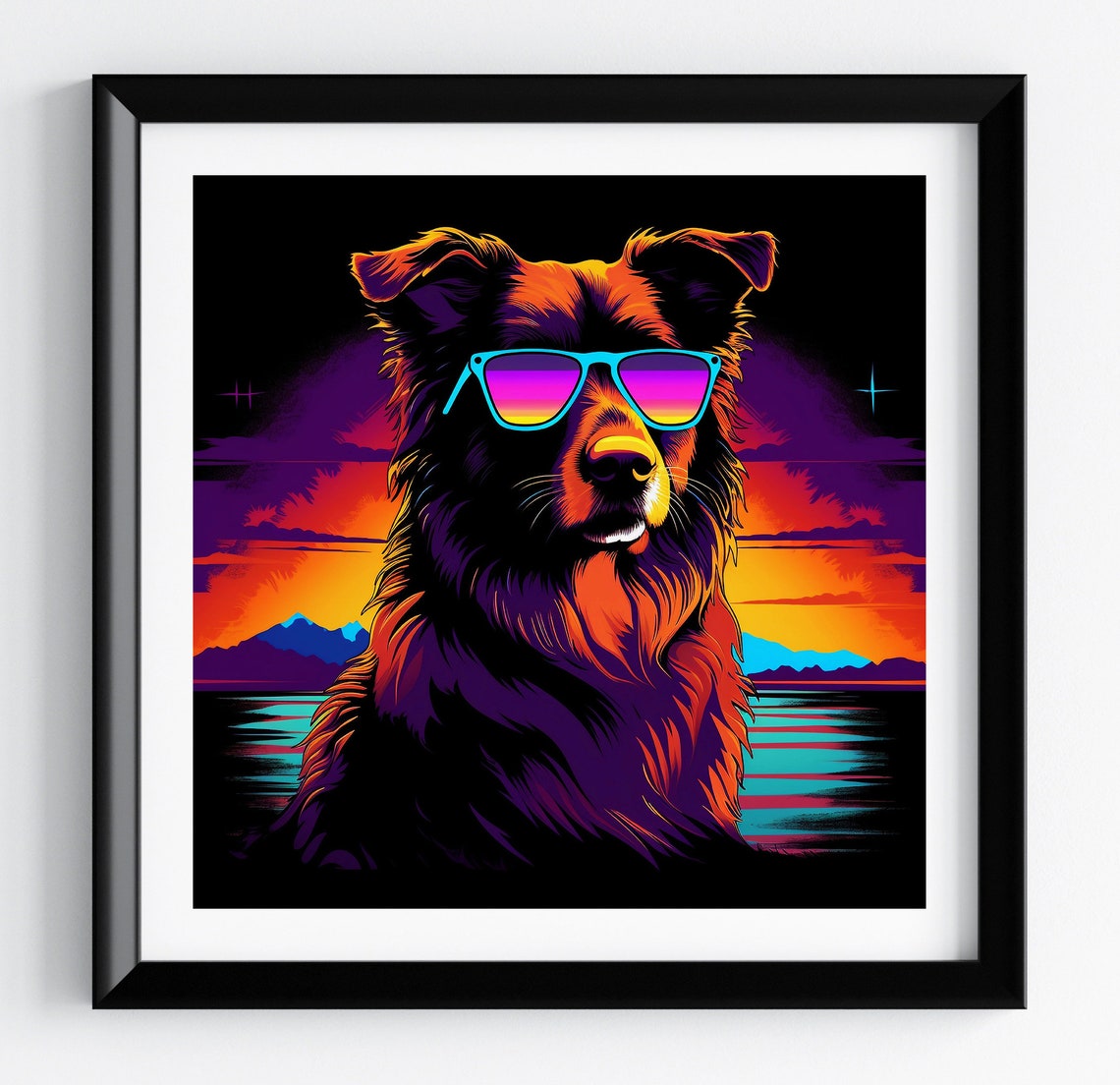 Australian Shepherd Neon Ocean Sunset Retro Dog Portrait Poster