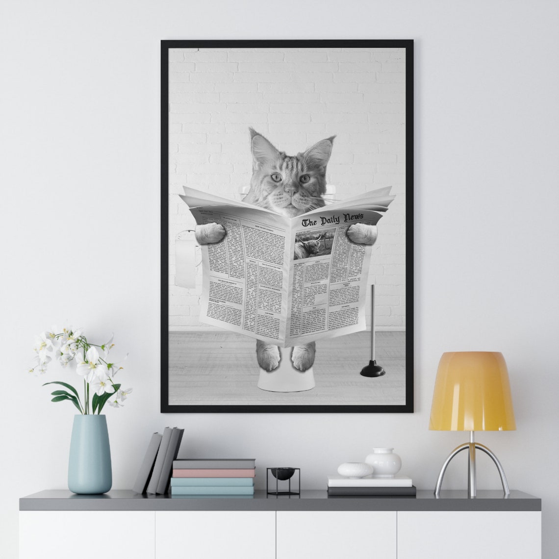 Tabby Kitten Reading Newspaper on Toilet Funny Bathroom Poster - Image 2