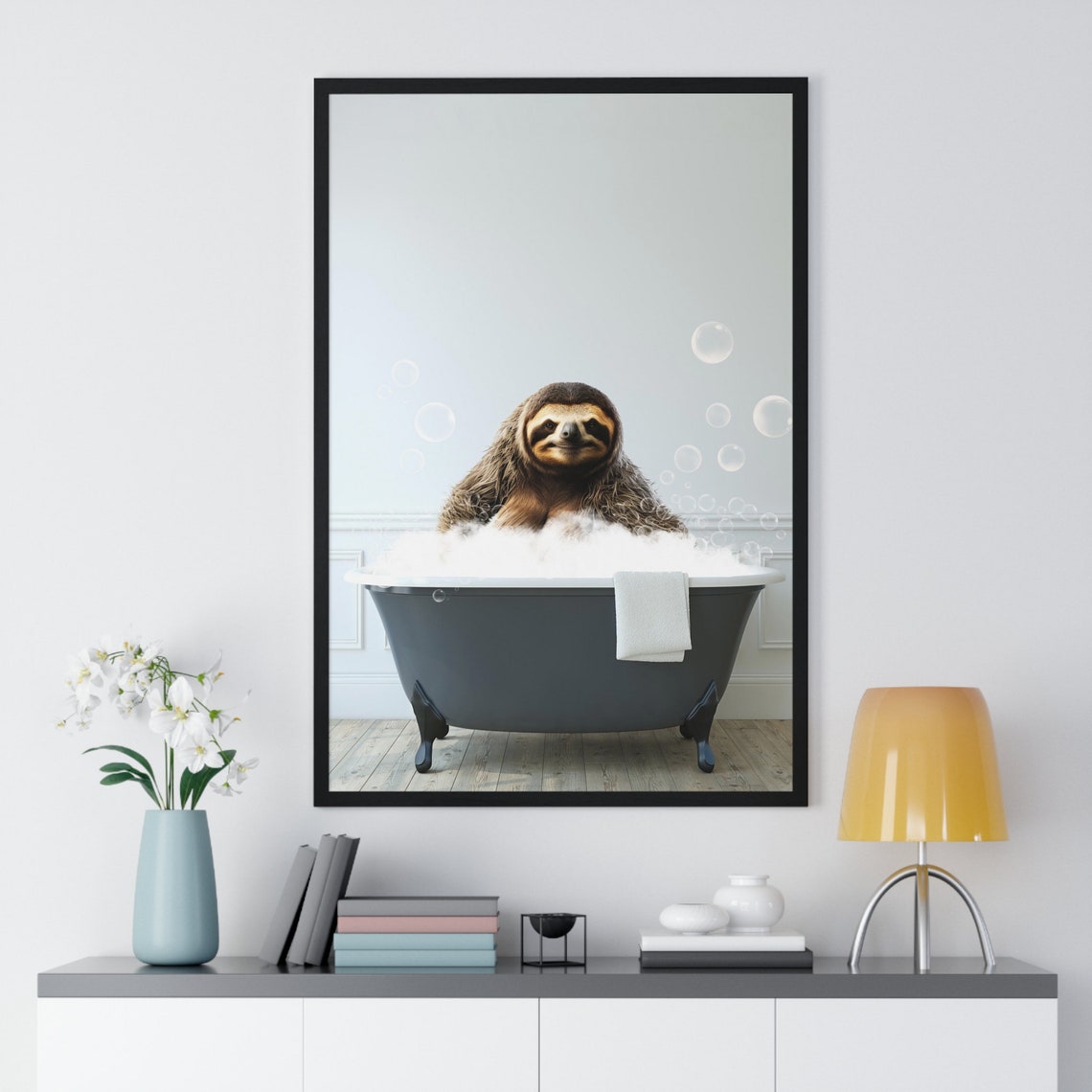 Happy Sloth Relaxing in a Clawfoot Bubble Bath Bathroom Poster - Image 2