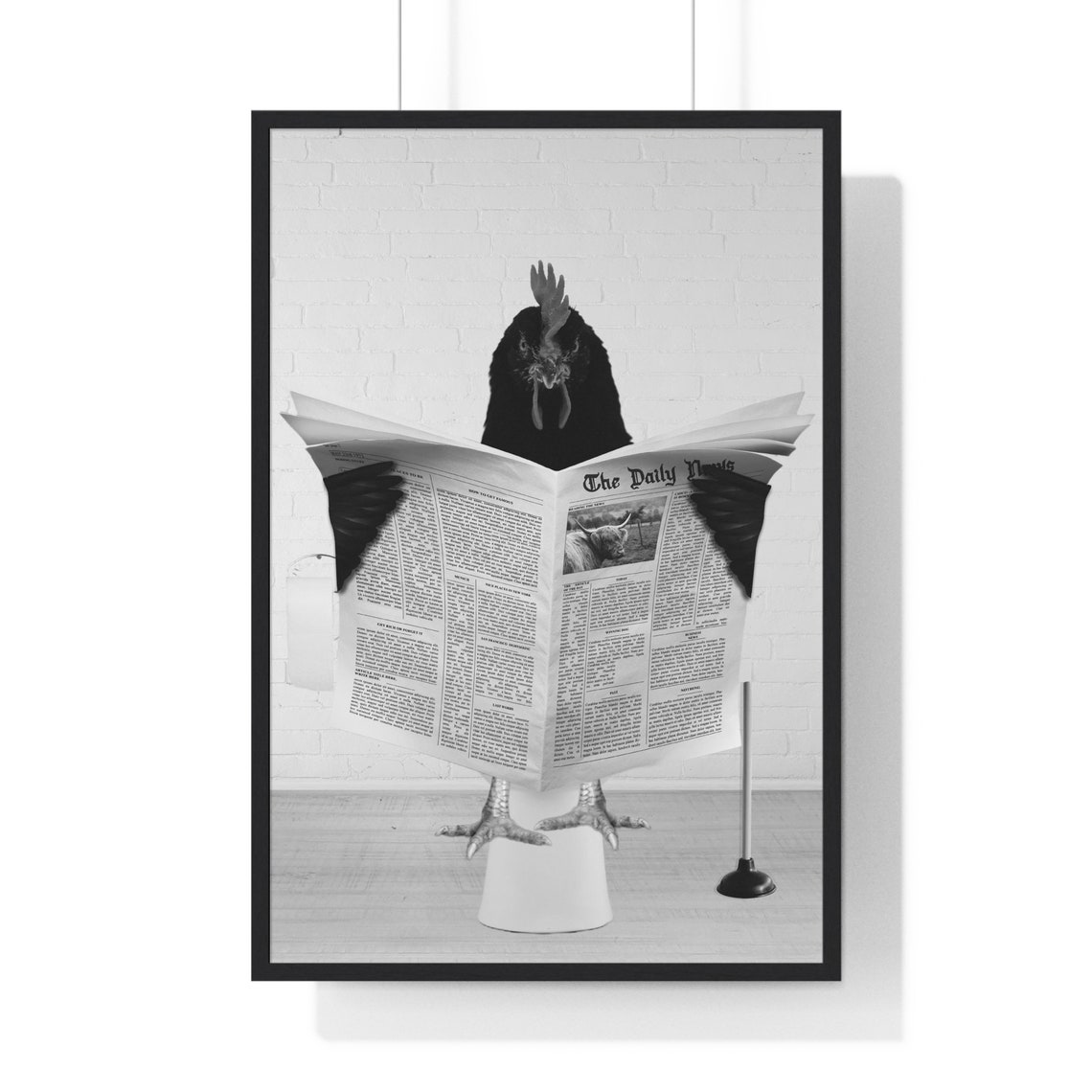 Chicken Reading Newspaper on Toilet Funny Black and White Poster
