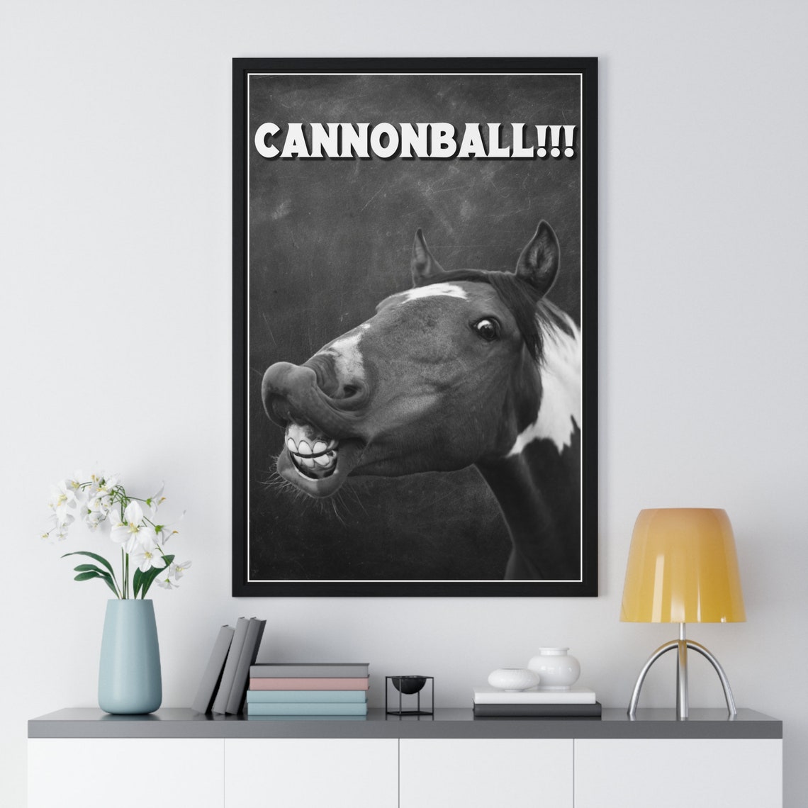 Black And White Laughing Horse Selfie Cannonball Funny Bathroom Poster - Image 2