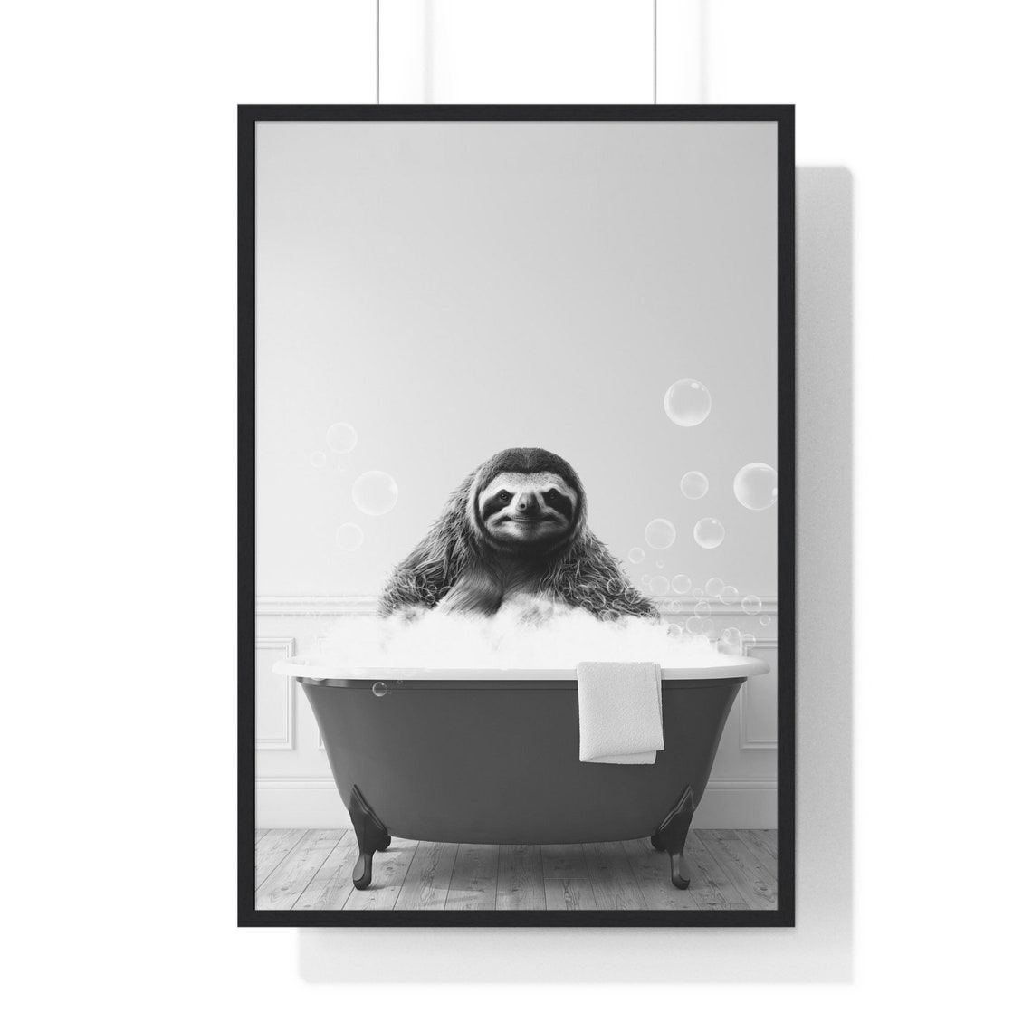 Sloth In Bubble Bath Clawfoot Tub Funny Black And White Poster