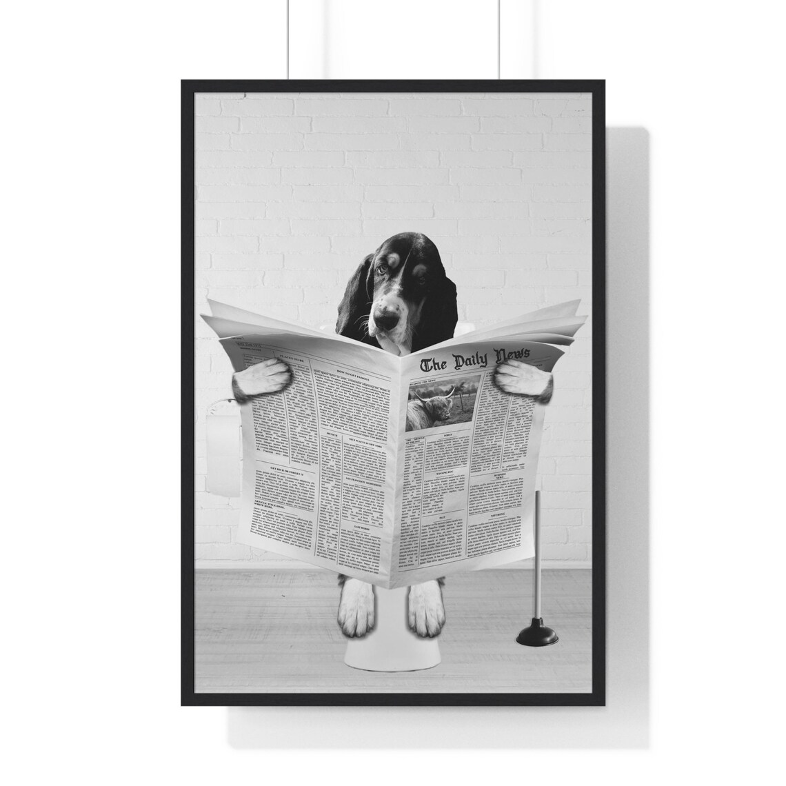 Basset Hound Reading Newspaper on Toilet Funny Bathroom Poster