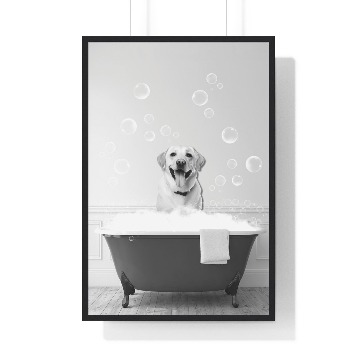 Happy Yellow Labrador Soaking In A Bubble Bath Clawfoot Tub Poster