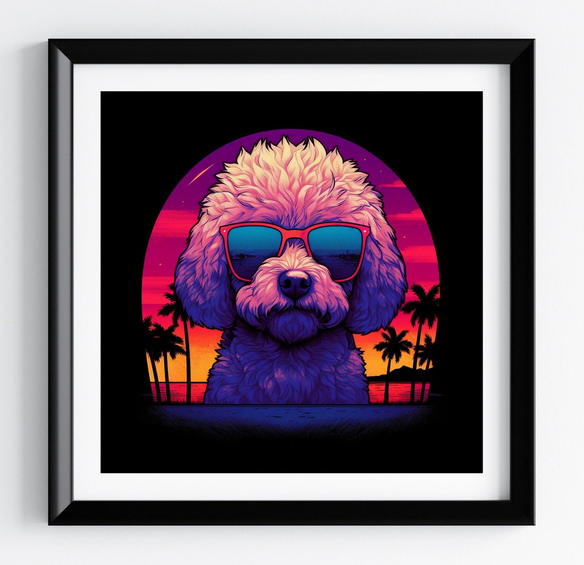 Bichon Frise Palm Beach Neon Sunset Retro Synthwave Dog Poster