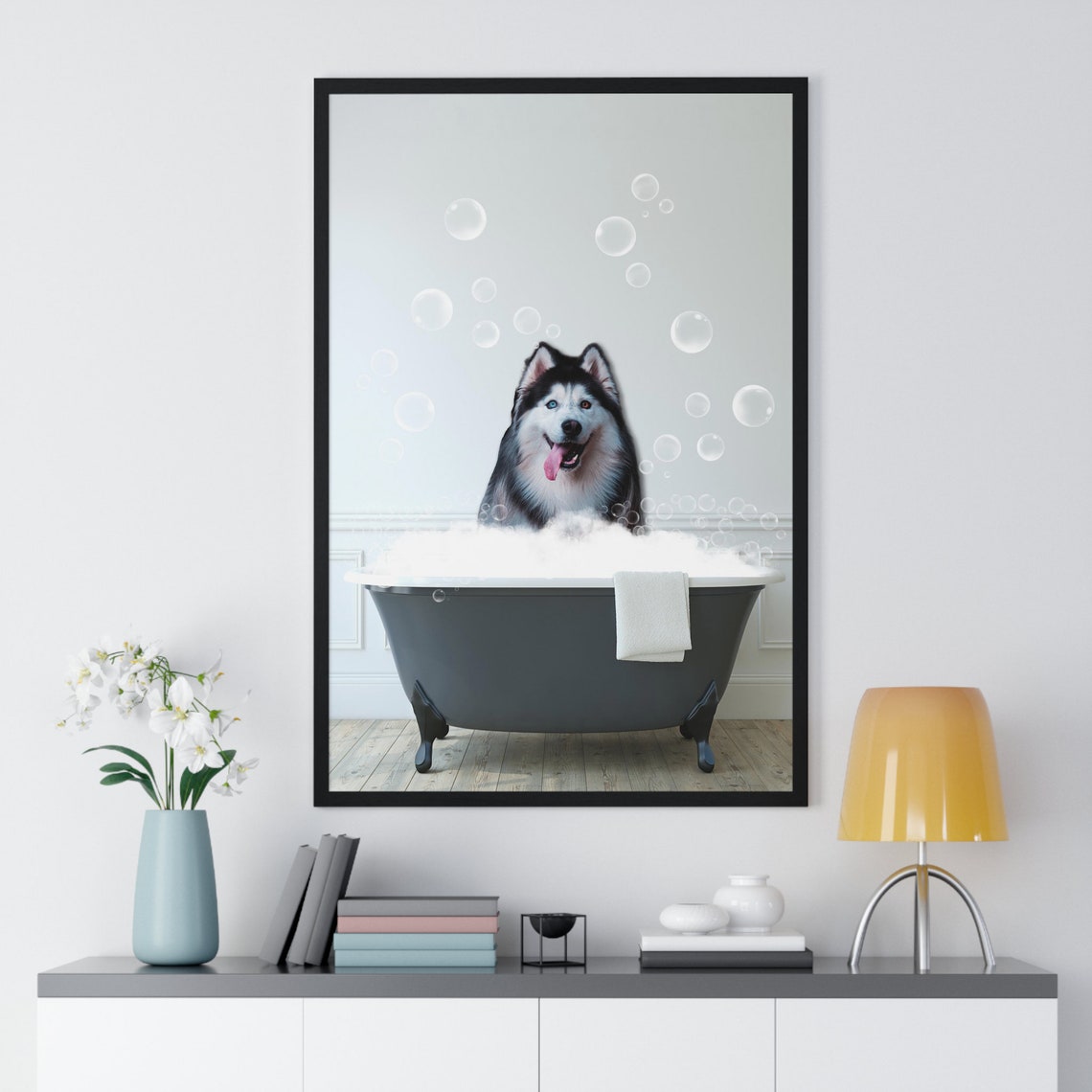 Fluffy Malamute in Bubble Bath Funny Dog Bathroom Art Poster - Image 2
