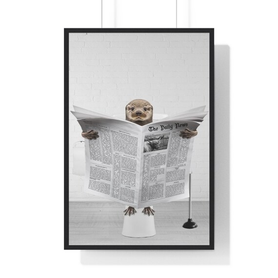 Cute Otter Reading the News on the Toilet Funny Bathroom Poster