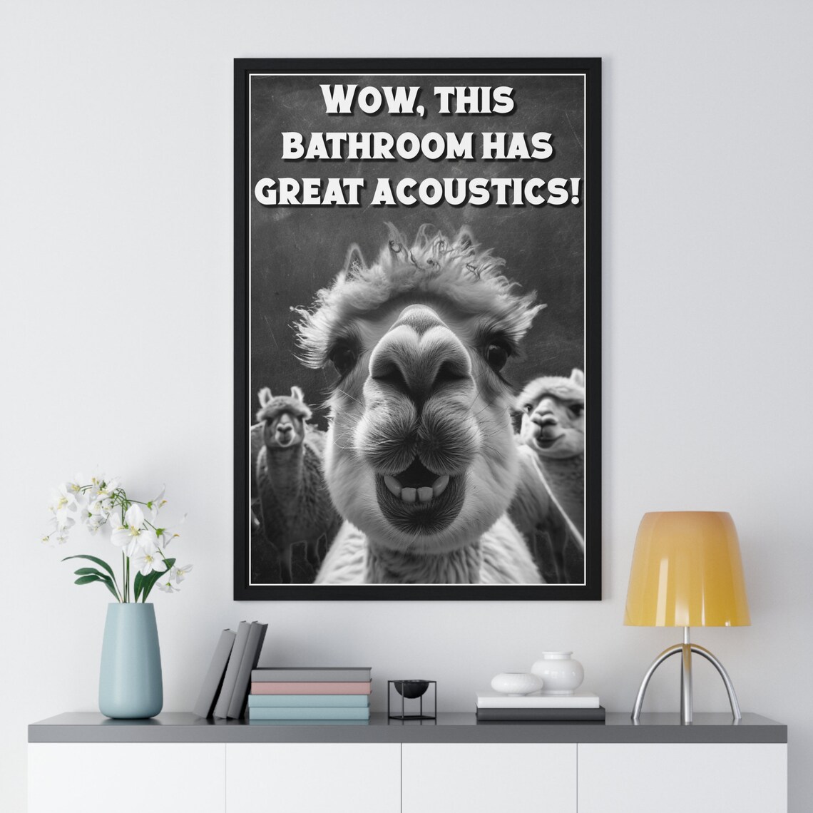 Black And White Goofy Alpaca Selfie Great Acoustics Funny Bathroom Poster - Image 2