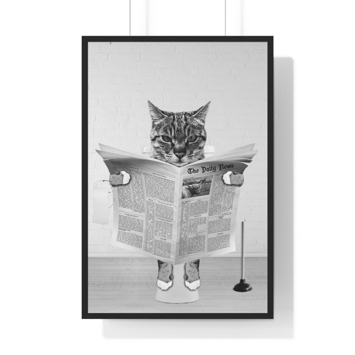 Tabby Cat Reading Newspaper While Sitting On Toilet Funny Poster