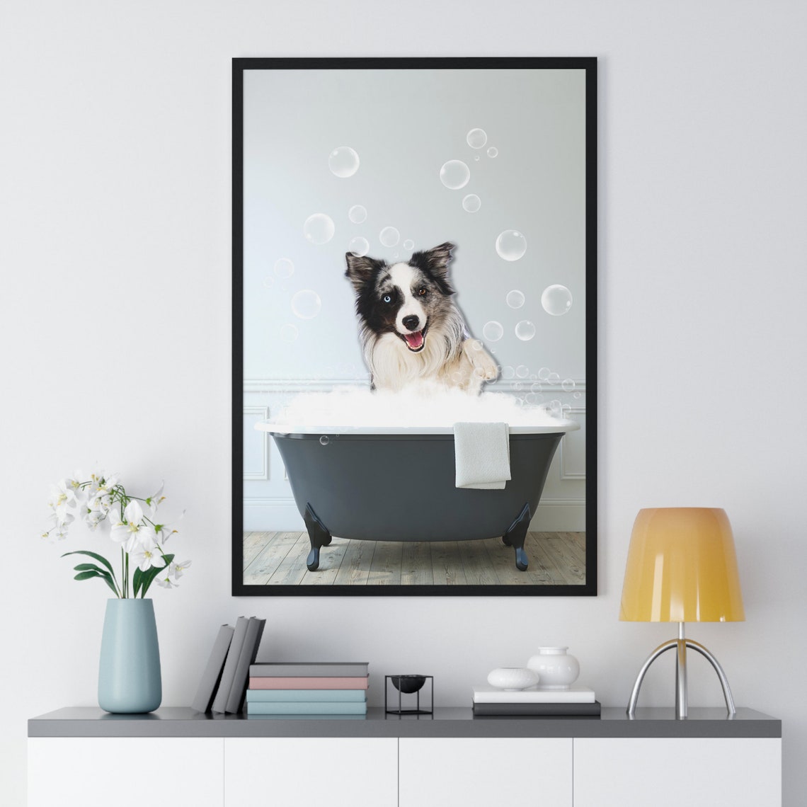 Happy Border Collie in Bubble Bath Funny Dog Bathroom Art Poster - Image 2