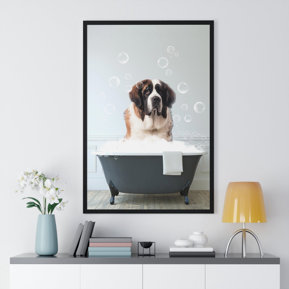 Gentle Saint Bernard in Bubble Bath Funny Dog Bathroom Art Poster - Image 2