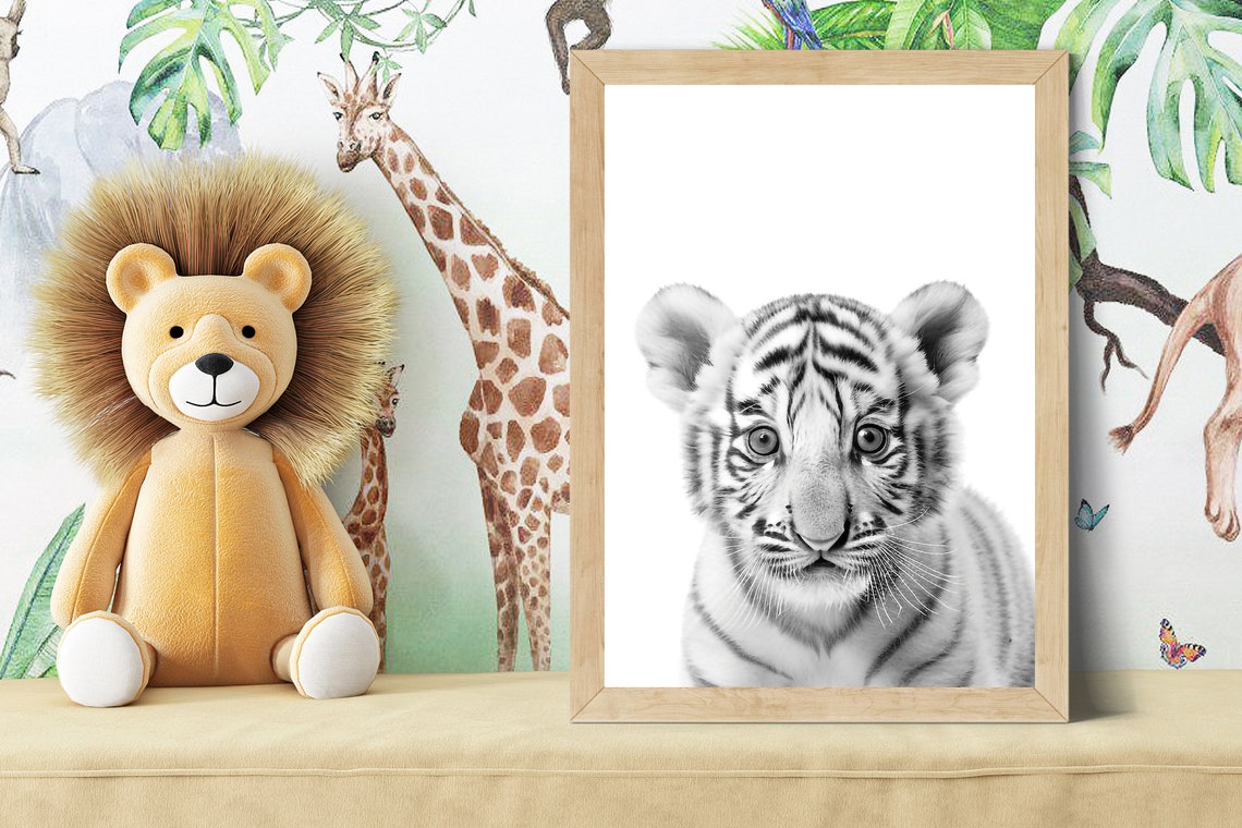 Baby White Tiger Cub Portrait in Black and White Nursery Poster