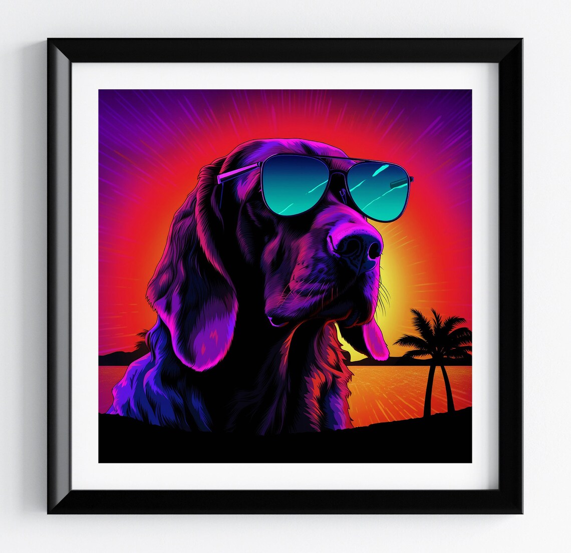 Bloodhound Neon Ocean Sunburst Palm Retro Dog Portrait Poster