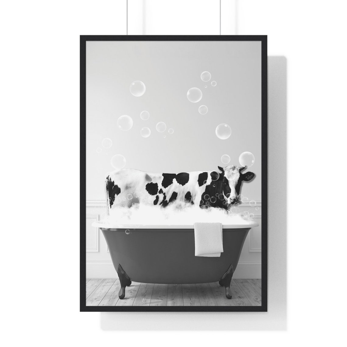 Holstein Cow in a Bubble Bath Black and White Funny Bathroom Poster