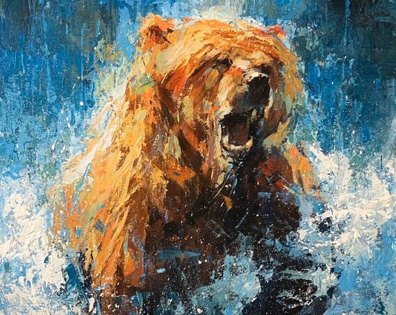 Roaring Grizzly Bear Emerging From Splashing Icy Blue Water Wildlife Poster