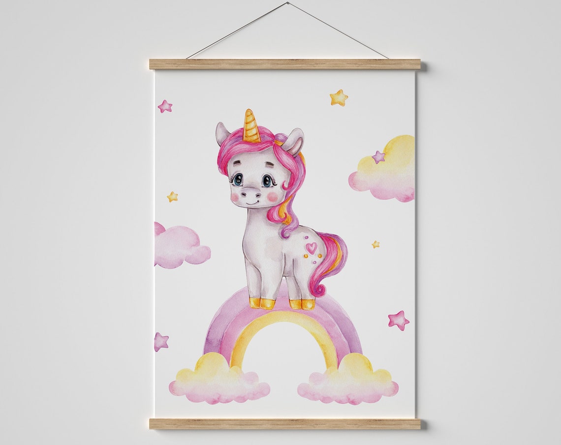 Cute Watercolor Unicorn Rainbow Baby Girl Nursery Decor Poster - Image 3