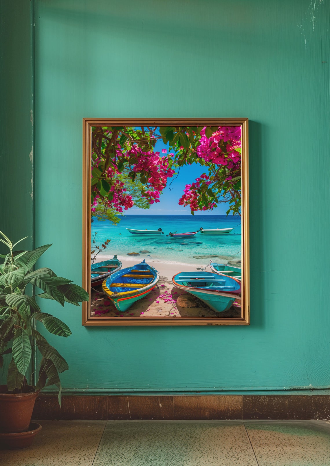Tropical Beach with Colorful Boats and Bougainvillea Summer Poster - Image 3