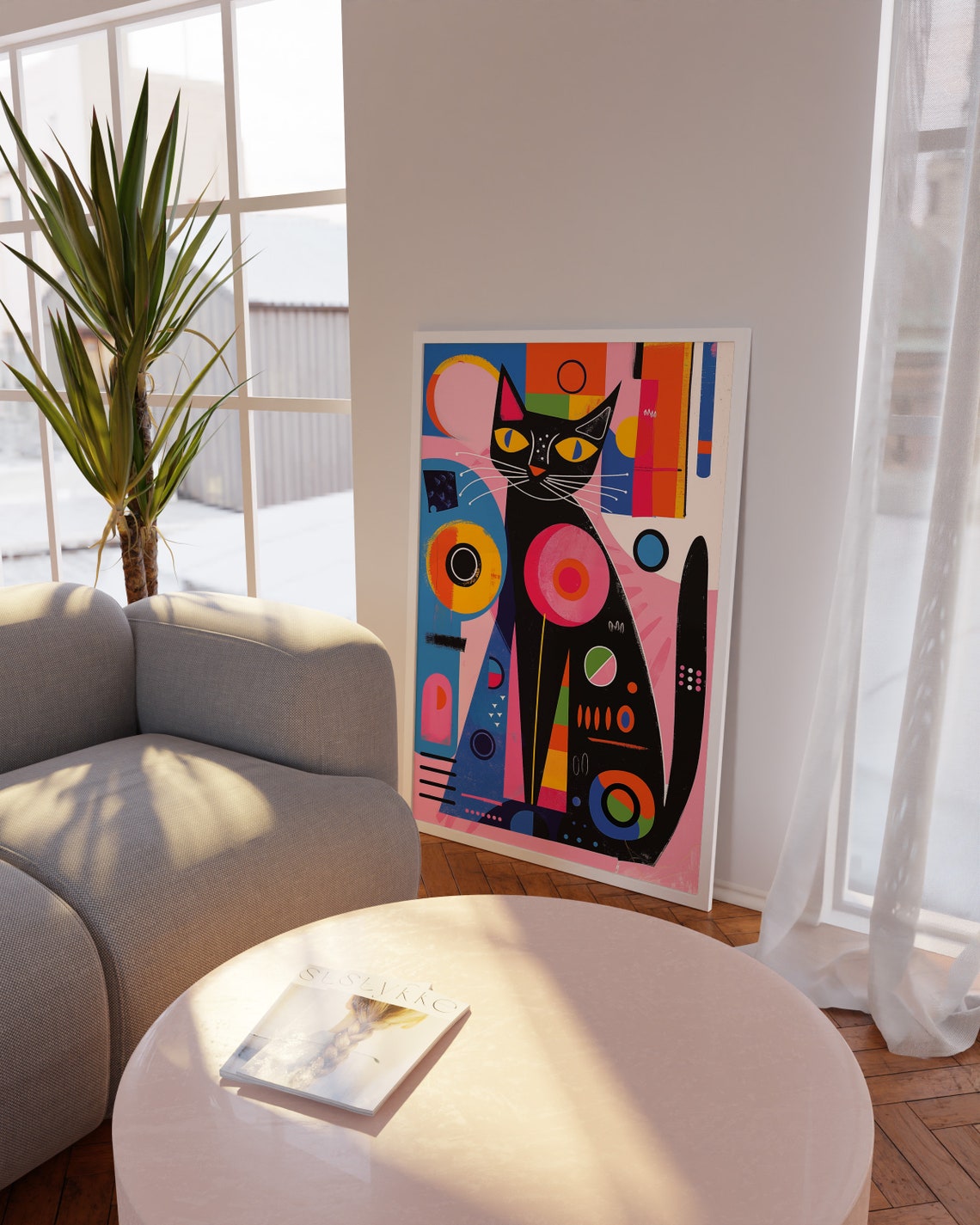 Playful Black Cat Geometric Poster with Colorful Abstract Shapes - Image 2