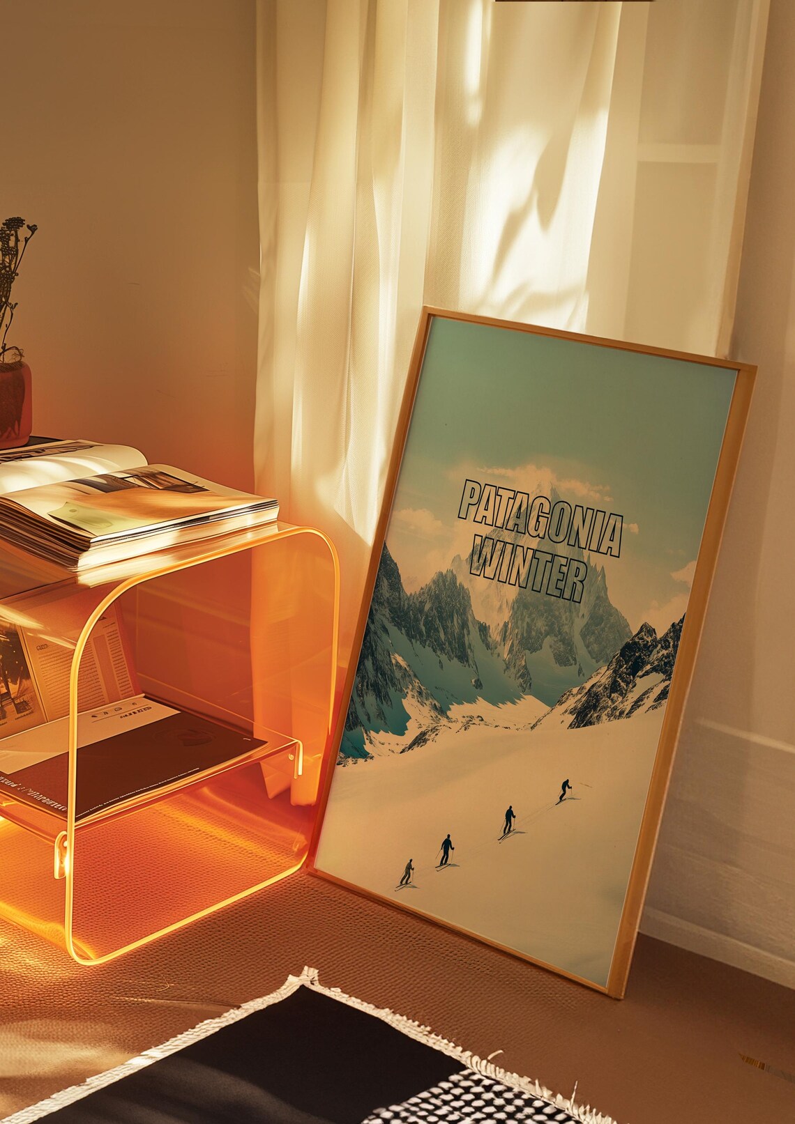 Patagonia Winter Snowy Mountain Poster with Skiers and Peaks - Image 2