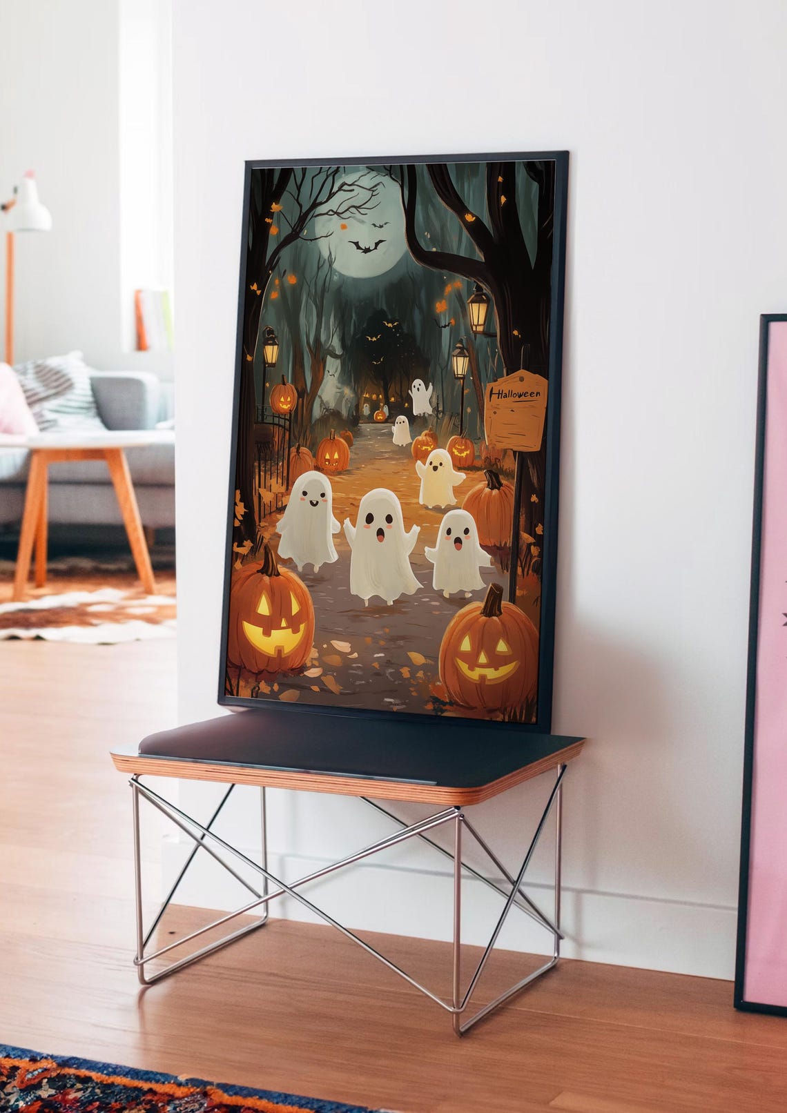 Cute Ghosts Halloween Night Pumpkin Path Moonlit Kids Art Poster - Image 2
