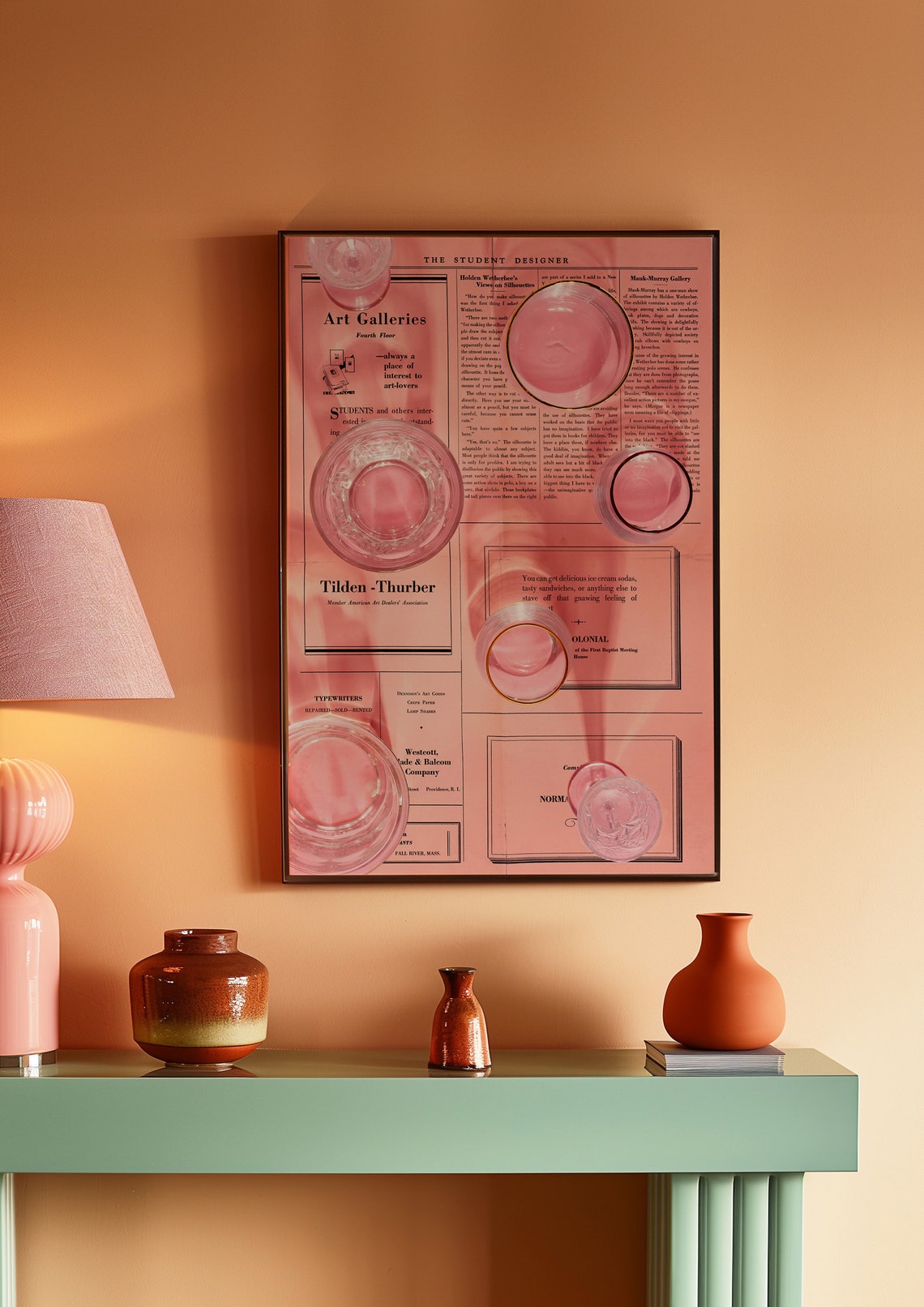 Pink Newspaper Typography Collage with Floating Glass Discs Poster - Image 2