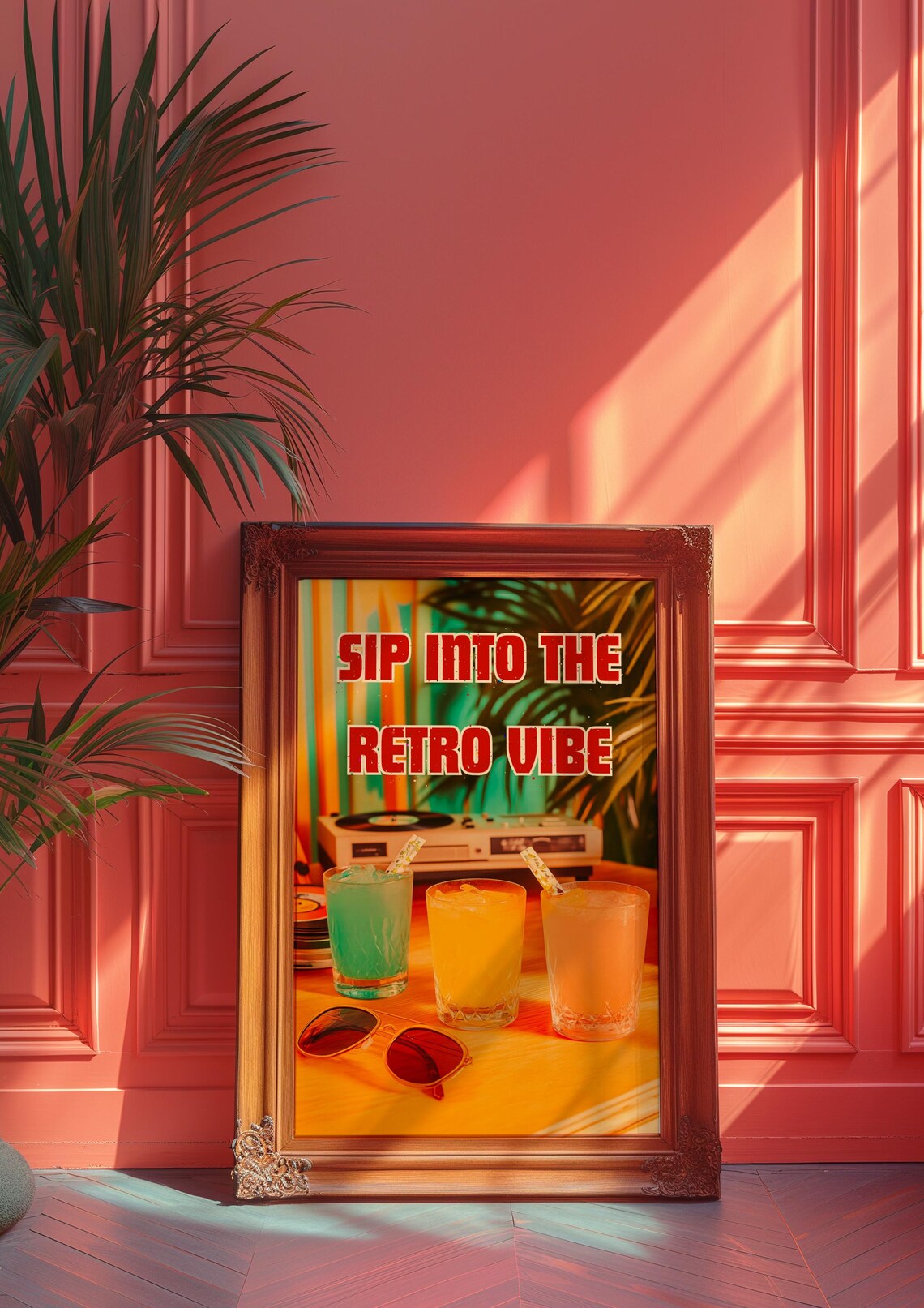Sip Into the Retro Vibe 80s Neon Cocktail Poster with Sunglasses and Vinyl - Image 3