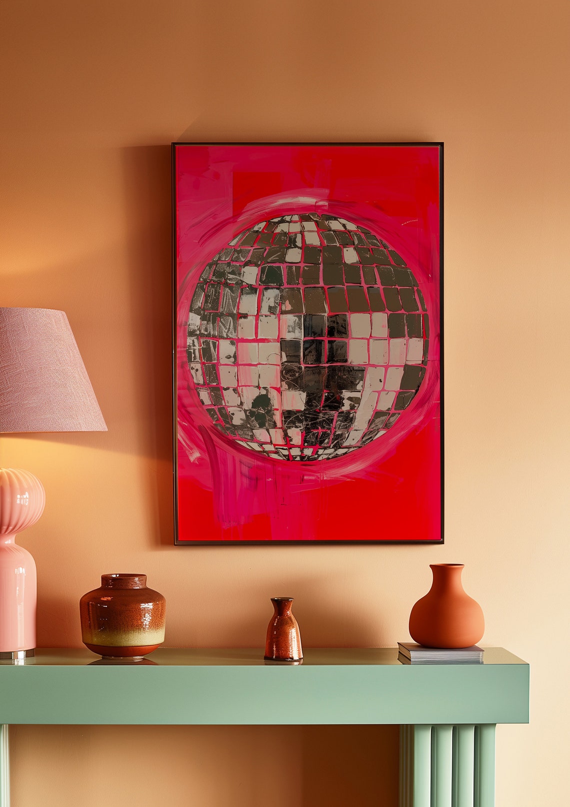 Shimmering Disco Ball on a Bold Red Background Pop Art Poster - Image 2