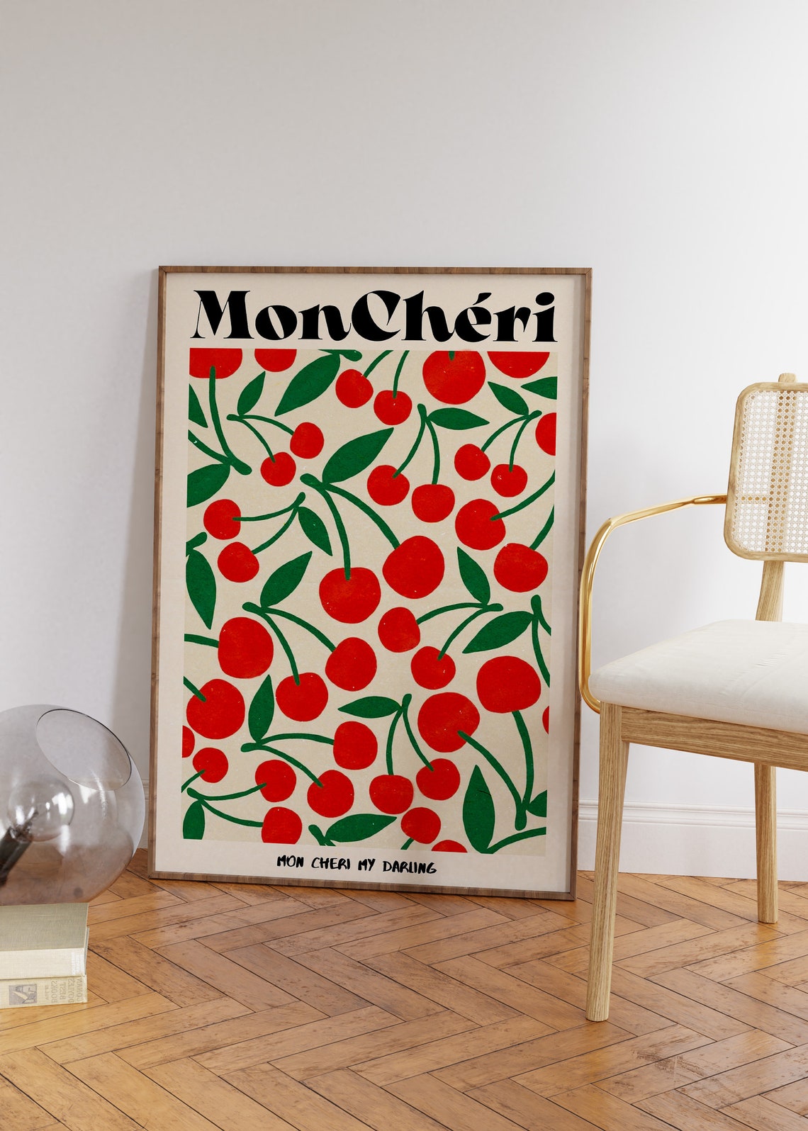 Mon Cheri Cherries Retro French Typography Kitchen Art Poster