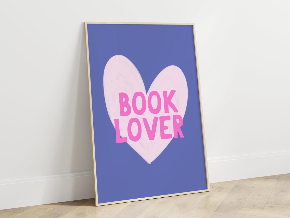 Book Lover Pink Heart Blue Background Bookish Typographic Poster - Image 3
