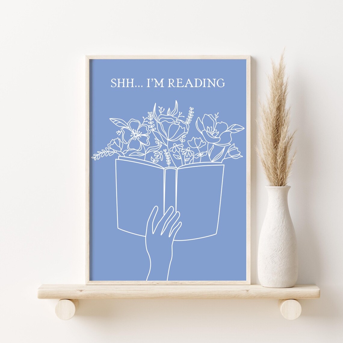 Shh Im Reading Blue Line Art Book Flowers Bookish Quote Poster