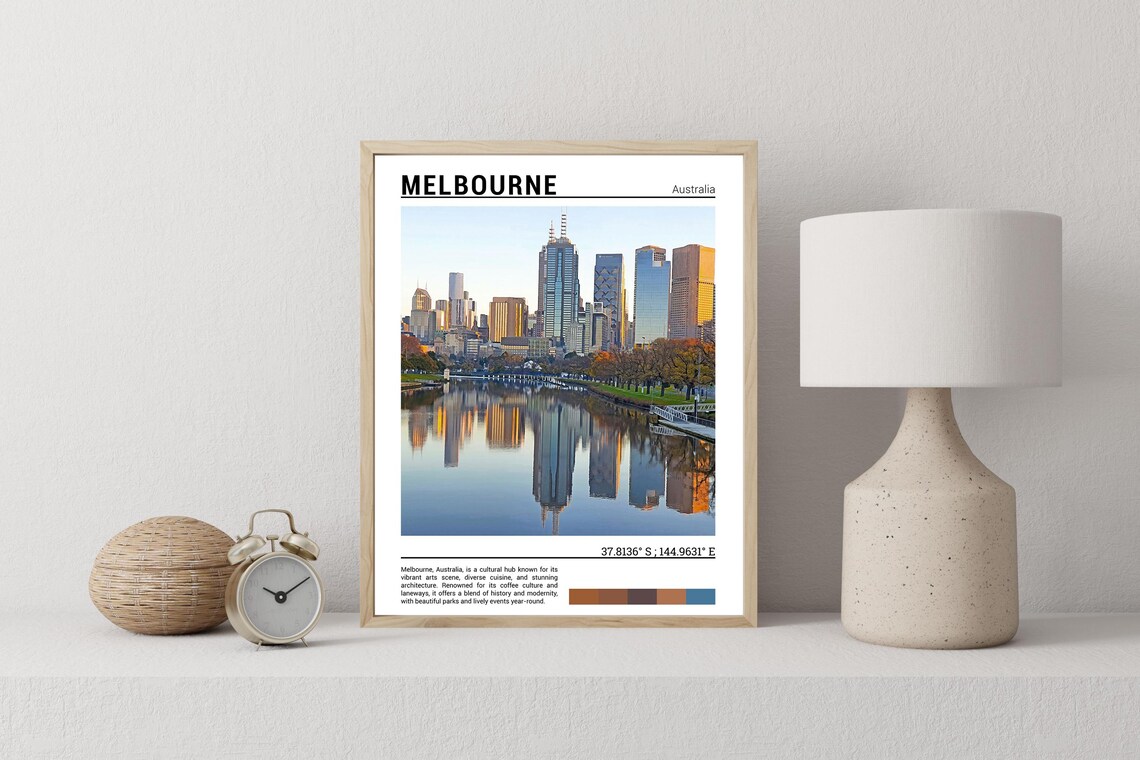 Melbourne Australia City Skyline Yarra River Sunrise Reflection Travel Poster - Image 2