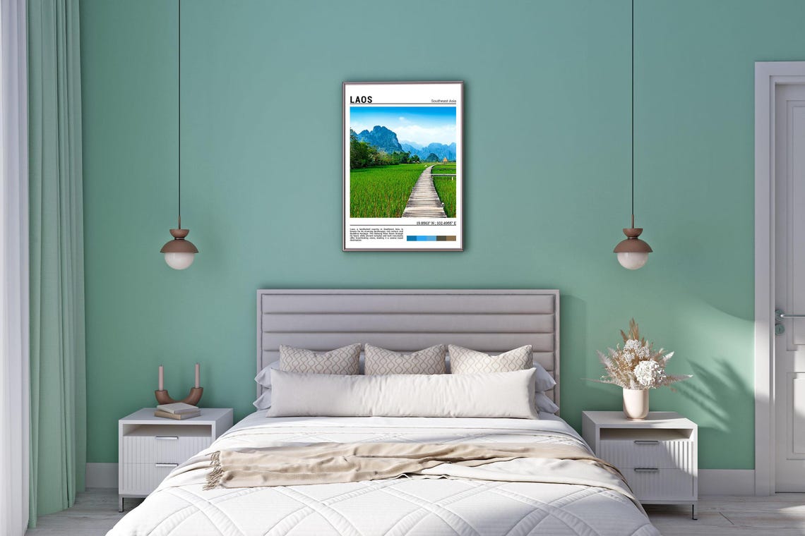 Laos Southeast Asia Rice Paddy Boardwalk Mountains Travel Poster - Image 5