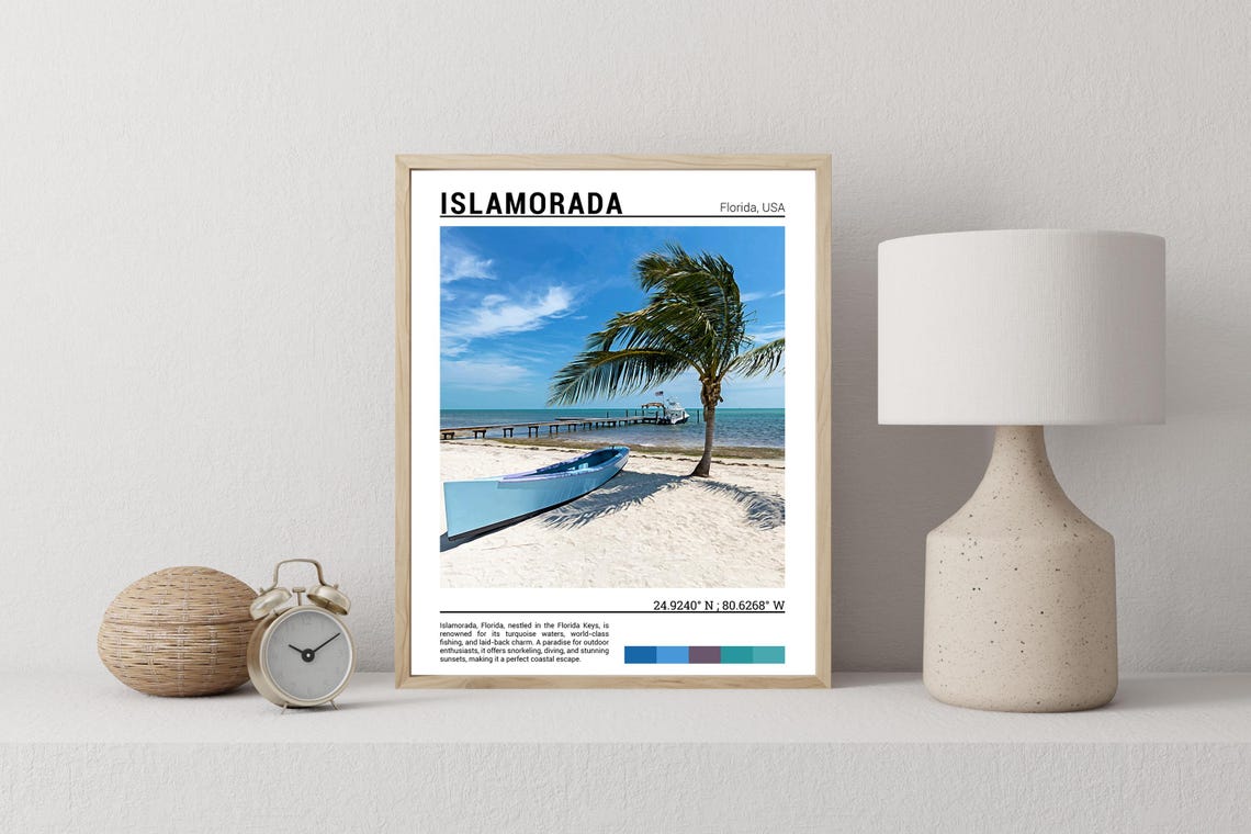 Islamorada Florida Keys Sunny Palm Tree Canoe Beach Pier Poster - Image 2