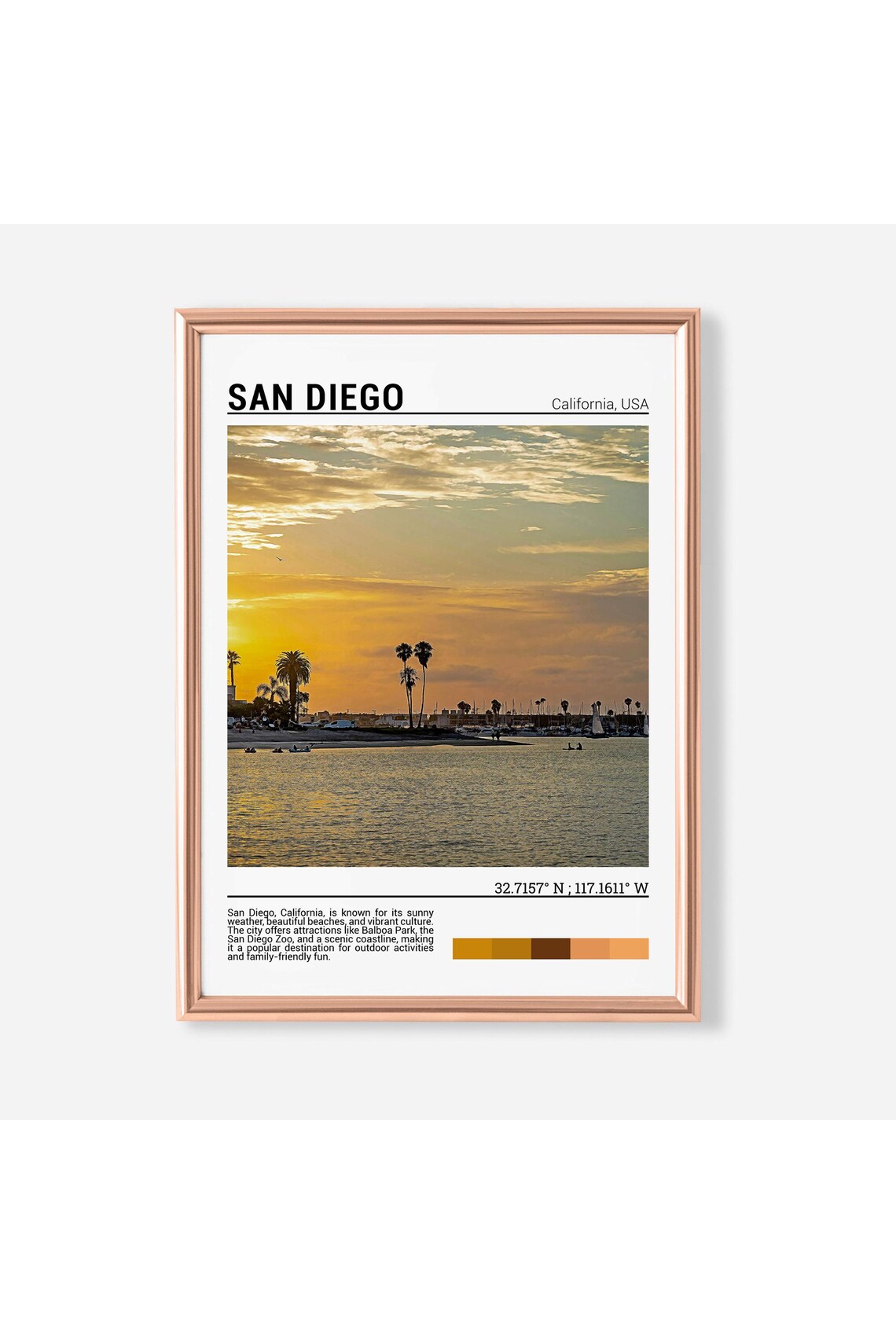 San Diego California Sunset Bay Palm Trees Marina View Travel Poster