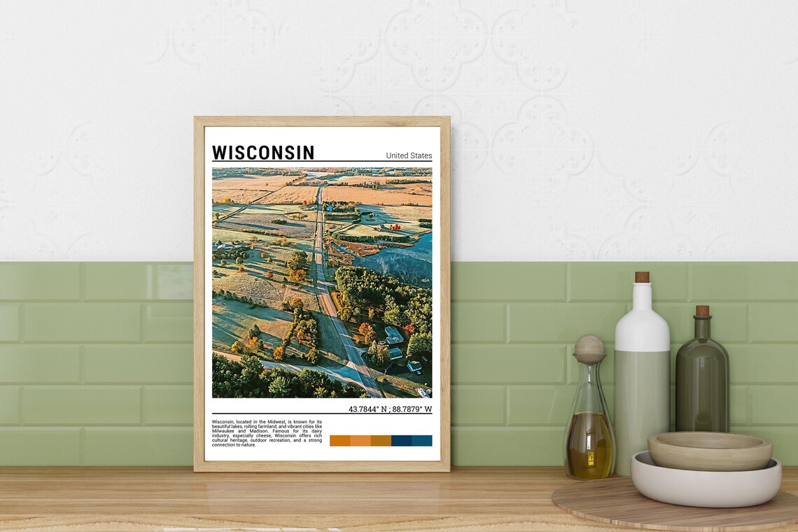 Wisconsin Autumn Farmland Aerial Rolling Fields Lake Travel Poster - Image 3