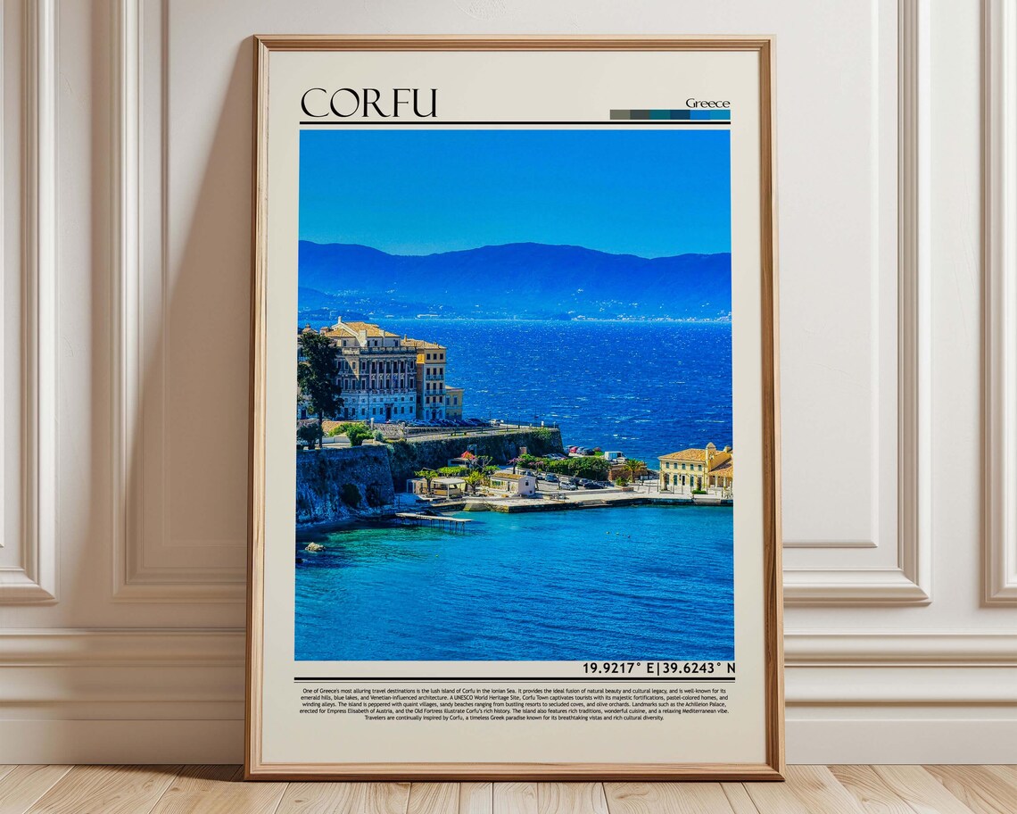 Corfu Greece Ionian Sea Blue Coast Seaside Buildings Travel Poster