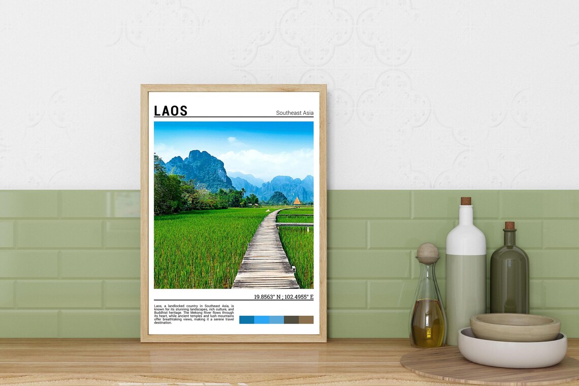 Laos Southeast Asia Rice Paddy Boardwalk Mountains Travel Poster - Image 3