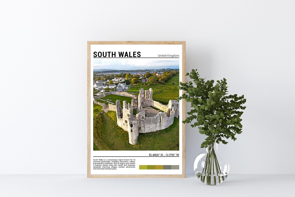 South Wales Medieval Castle Ruins Aerial Green Valley Photo Poster - Image 4