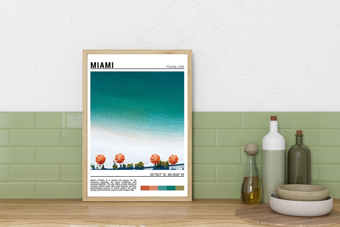 Miami Florida Aerial Beach Umbrellas Turquoise Ocean Scene Poster - Image 3