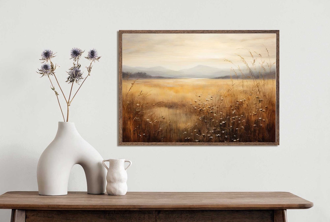 Golden Wildflower Meadow at Sunrise Misty Antique Landscape Poster - Image 3