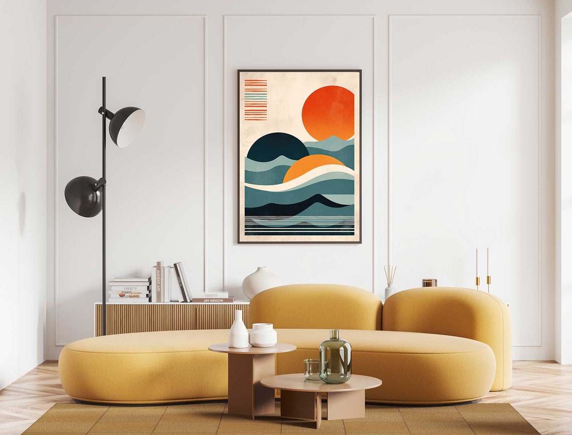 Mid Century Modern Abstract Ocean Sunset With Retro Waves Poster - Image 4