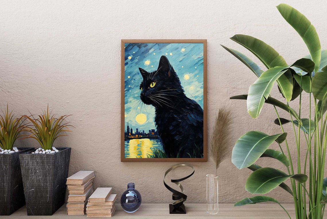Black Cat Portrait Under Starry Moonlit City Skyline Painting Poster - Image 2