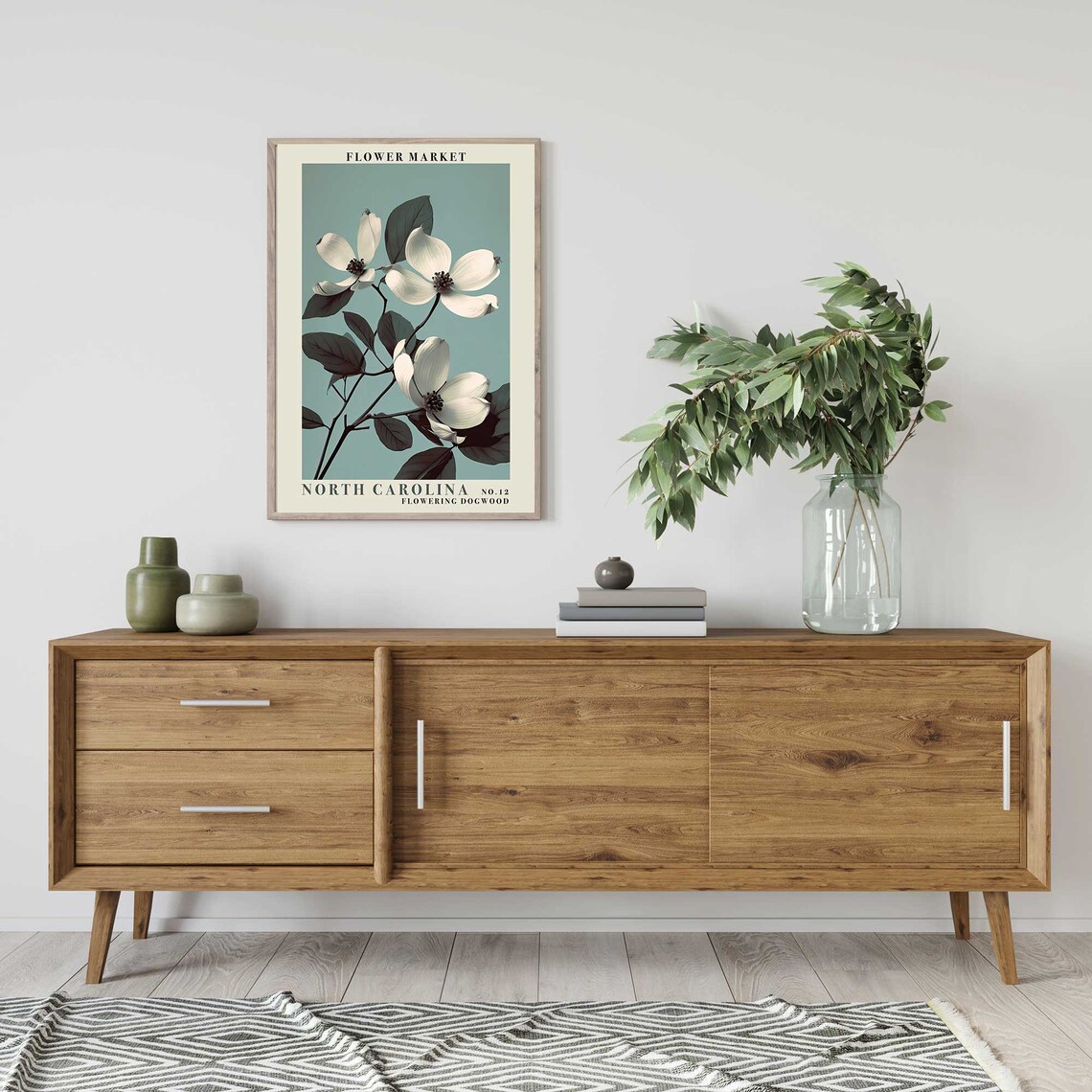 North Carolina Dogwood Blooms on Teal Botanical Flower Market Poster - Image 3