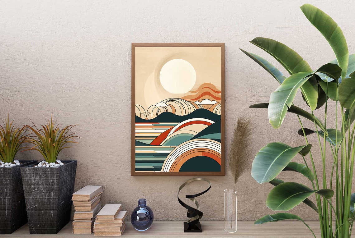 Mid Century Modern Surf Ocean Sunset With Bold Sun Waves Poster - Image 3